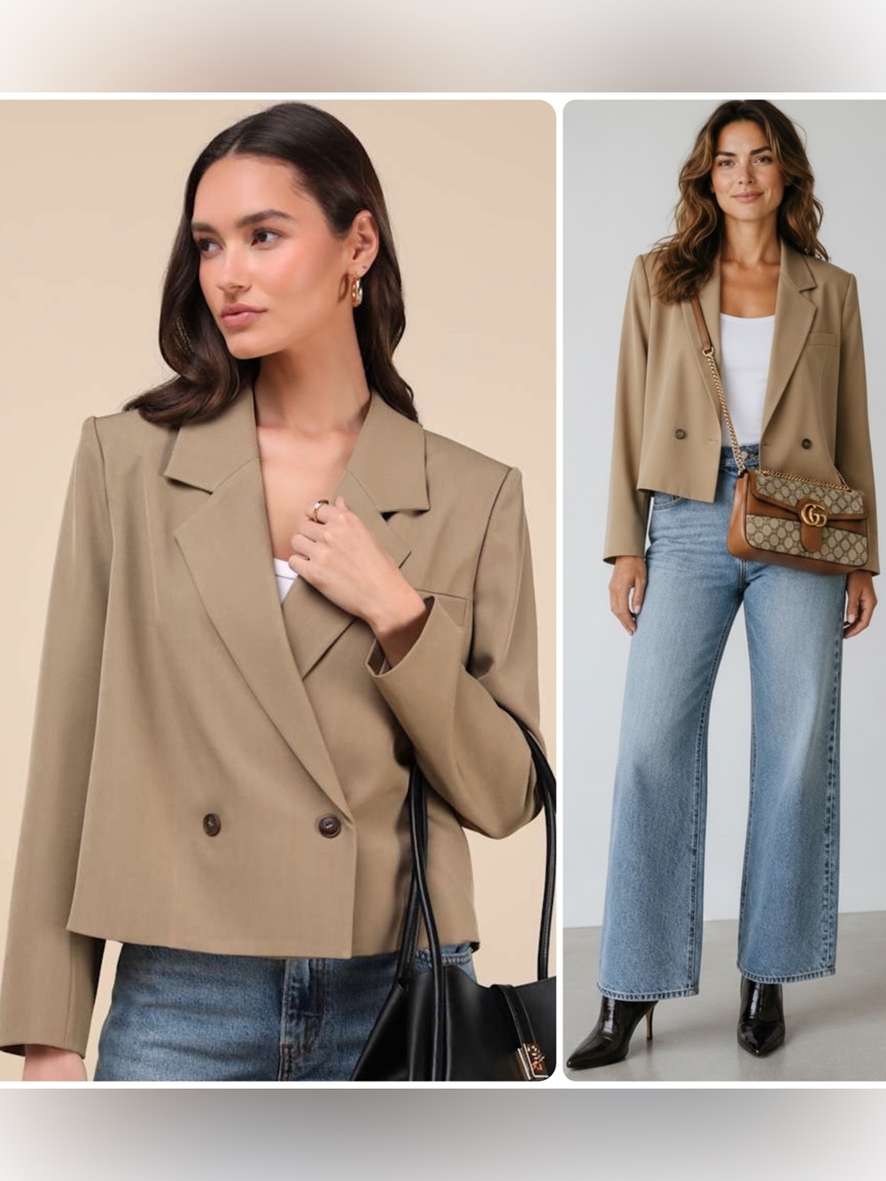 Lulus Suave Tan Double-Breasted Tailored Cropped Blazer Jacket Top NWT